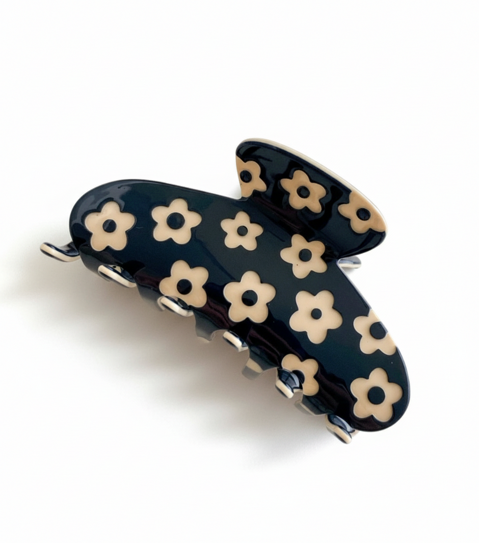 Navy Flower Design Claw Clip