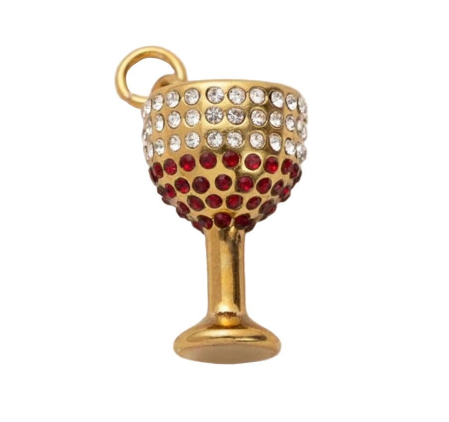 Gold Wine Glass With White and Red Diamonds Charm