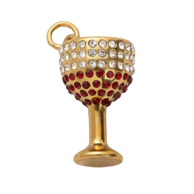 Gold Wine Glass With White and Red Diamonds Charm