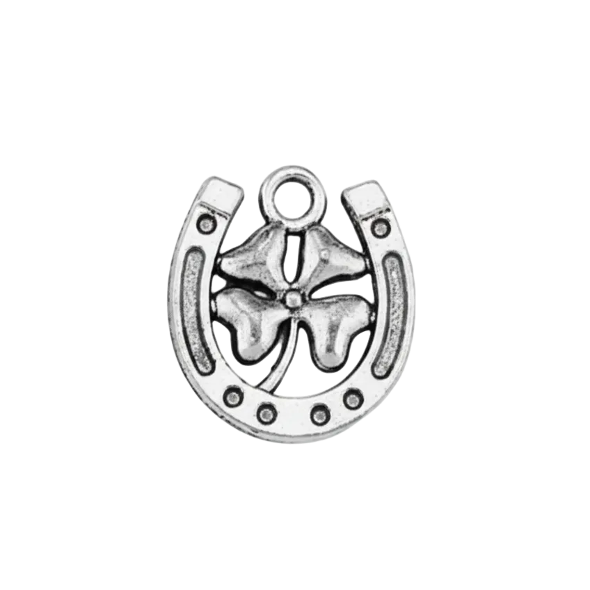 Lucky Horseshoe Four Leaf Clover Charm (Silver)