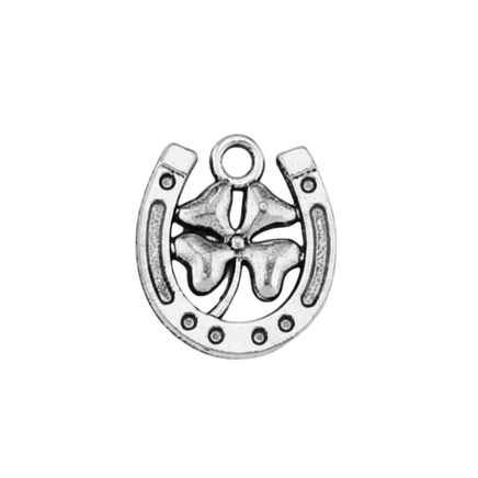 Lucky Horseshoe Four Leaf Clover Charm (Silver)