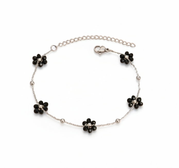 Sola Black Flower Bracelet (Silver)