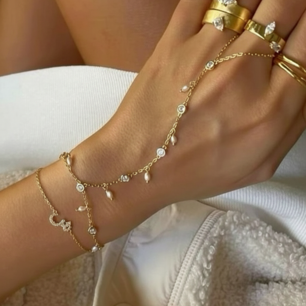 Rhea Diamonds and White Beads Hand Chains